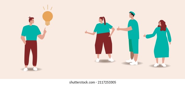 La sociedad elogia la idea. Ilustración de material vectorial plano. Una persona con una bombilla como símbolo de una idea. Concepto de apoyo al equipo. Grupo de personas creativas aisladas