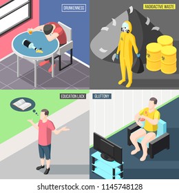 Society problems  2x2 design concept set of drunkenness education lack radioactive waste gluttony square icons isometric vector illustration