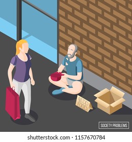 Society problems isometric background with hungry beggar sitting on sidewalk and begging vector illustration