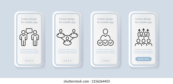 Society set icon. Communication, learning, friendship, relationships, team building, teamwork, project work. Infographic concept. UI phone app screens with people. Vector line icon for Business