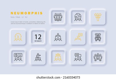 Society set icon. Community, company, teamwork, team building, office work, management, delegation, feedback, correspondence, communication skills. Neomorphism style. Vector line icon for Business