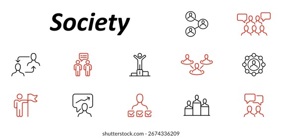 Ícone de conjunto de sociedade. Figuras humanas em redes, bolhas de conversação, conexões, pódios, bandeiras, gráficos, círculos de grupos e listas de verificação de equipes organizadas em forma de contorno mínimo.