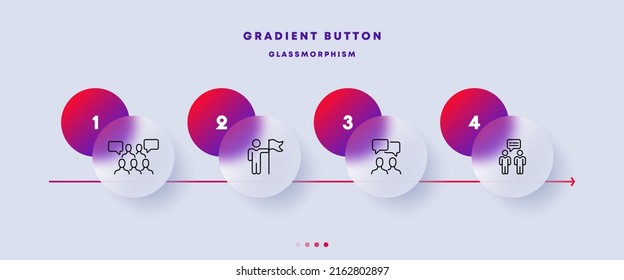 Icono de conjunto de sociedad. Presentador, podio, púlpito, micrófono, conferencia, delegación, construcción de equipos, trabajo en equipo. Concepto de negocio. Estilo de glasmorfismo. Icono de línea de vector para negocios y publicidad