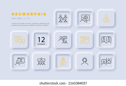 Society set icon. Teamwork, teambuilding, delegation, company, colleagues, conversation, website, operator, support service. Infographic concept. Neomorphism style. Vector line icon for Advertising