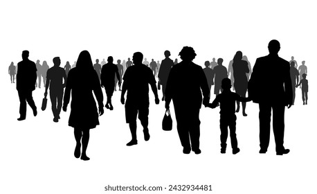 Society, silhouette of group of moving people at the street. Vector illustration