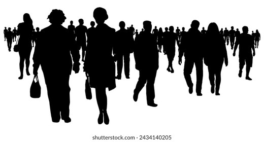 Society, silhouette of group of moving people at the street. Vector illustration