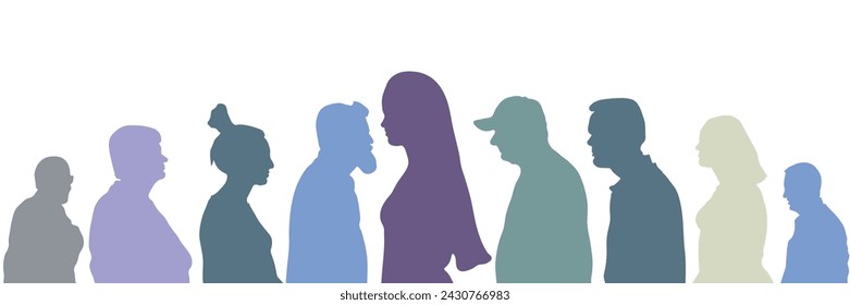 Society, silhouette of  people in profile. Moving crowd. Vector illustration
