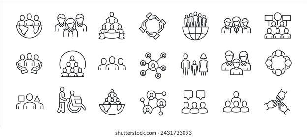 Society simple minimal thin line icons. Related teamwork, association, company, corporate. Vector illustration.