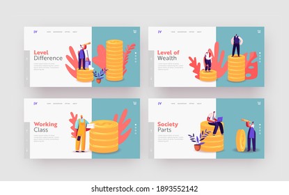 Society Structure Landing Page Template Set. Tiny Characters of Different Class Stand on Huge Golden Piles. Unemployed, Housewife, Engineer, Manager, Businessman. Cartoon People Vector Illustration