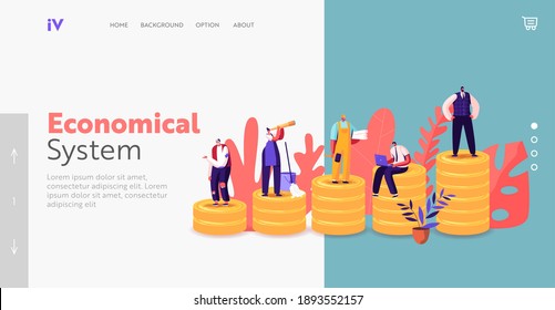 Society Structure Landing Page Template. Tiny Characters of Different Class Stand on Huge Golden Piles. Unemployed Person, Housewife, Engineer, Manager, Businessman. Cartoon People Vector Illustration