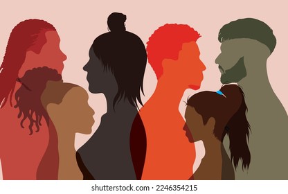 Sociedad multicultural y multirracial. El poder de la amistad y el empoderamiento. Personas de diversas culturas en un grupo de perfiles. Personas de diferentes culturas y regiones. 