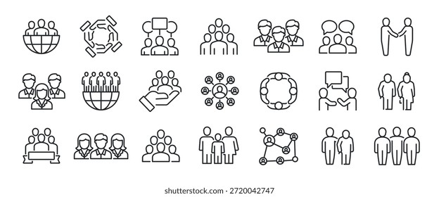 Ícones de linha fina da sociedade. Para design de marketing do site, logotipo, aplicativo, modelo, iu, etc. Ilustração vetorial