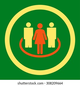 Society vector icon. This rounded flat symbol is drawn with orange and yellow colors on a green background.