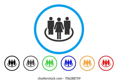 Society vector rounded icon. Image style is a flat gray icon symbol inside a blue circle. Additional color versions are gray, black, blue, green, red, orange.