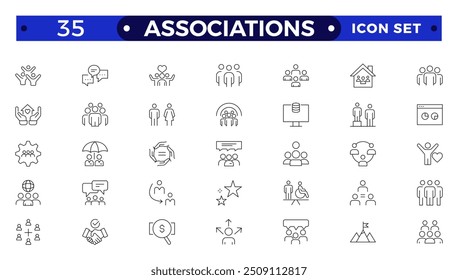 Iconos web de la sociedad en estilo de línea. Equipo, grupo, personas, trabajo en equipo, social, asociacion, cooperacion, colección. Conjunto de iconos de esquema de asociaciones.
