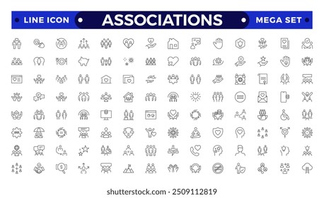 Ícones da Web da sociedade no estilo de linha. Equipe, grupo, pessoas, trabalho em equipe, social, associação, cooperação, coleção. Conjunto de ícones da estrutura de tópicos de associações.
