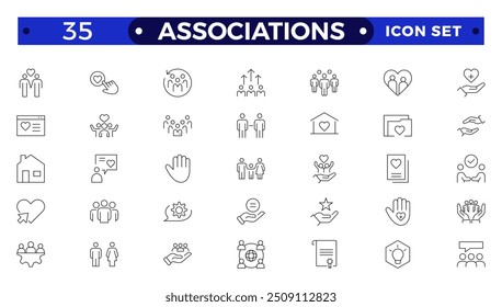 Iconos web de la sociedad en estilo de línea. Equipo, grupo, personas, trabajo en equipo, social, asociacion, cooperacion, colección. Conjunto de iconos de esquema de asociaciones.
