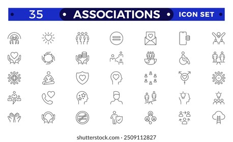 Iconos web de la sociedad en estilo de línea. Equipo, grupo, personas, trabajo en equipo, social, asociacion, cooperacion, colección. Conjunto de iconos de esquema de asociaciones.
