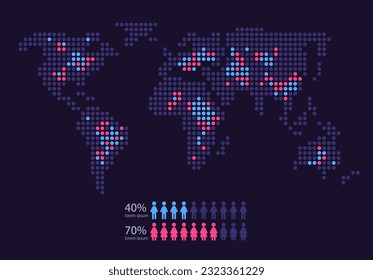 Gesellschaft Weltkarte Infografik Design Vorlage dunkles Thema. männlicher weiblicher Vergleich. Abstrakte Infografik mit bearbeitbarer Kontur. Anleitung für Grafiken. Visuelle Datendarstellung. Myriad Pro Schriftart verwendet