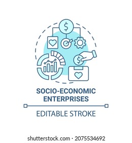 Socio economic enterprises blue concept icon. Social entrepreneur focus abstract idea thin line illustration. Commercial organization. Charity. Vector isolated outline color drawing. Editable stroke