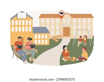 Sociocultural facilities isolated concept vector illustration. Cultural infrastructure, social facilities, public building, high school, public library, kids playground, hospital vector concept.