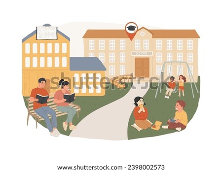 Sociocultural facilities isolated concept vector illustration. Cultural infrastructure, social facilities, public building, high school, public library, kids playground, hospital vector concept.