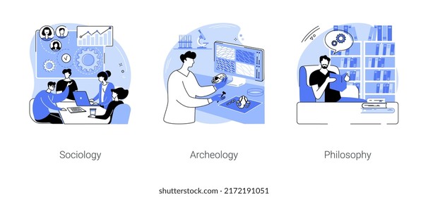 Sociocultural Science Isolated Cartoon Vector Illustrations Set. Sociology Students Having Discussion, Archaeologist Works With Old Bones, Philosophy Student Reading Book In Library Vector Cartoon.