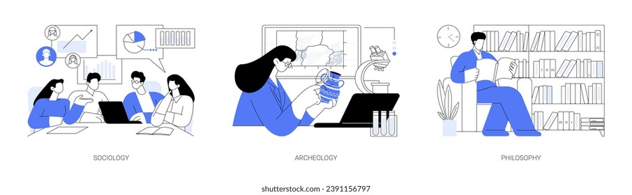 Sociocultural science isolated cartoon vector illustrations set. Sociology students having discussion, archaeologist works with old bones, philosophy student reading book in library vector cartoon.
