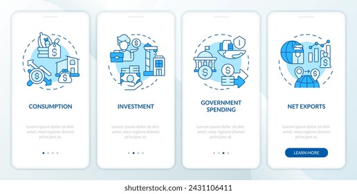 Socioeconomic financial statements blue onboarding mobile app screen. Walkthrough 4 steps editable graphic instructions with linear concepts. UI, UX, GUI template. Myriad Pro-Bold, Regular fonts used