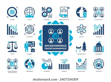 Symbol für die Sozioökonomie Normen und Werte, Verschmutzung, Analyse, Prozesse, Ethik, Soziologie, Wissenschaft, Sozialkapital. Duotone-Farbsymbole