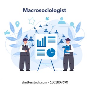 Concepto sociólogo. Estudio científico de la sociedad, patrón de relación social, interacción social y cultura. Estadísticas y gráficos porcentuales. Ilustración vectorial aislada
