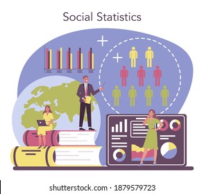 Sociologist concept. Scientist study of society, pattern of social relationship, social interaction, and culture. Statistics and sociological survey. Isolated vector illustration