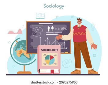 Sociologist Concept. Scientist Study Of Society, Pattern Of Social Relationship, Social Interaction, And Culture. Statistics And Sociological Poll Analysis. Flat Vector Illustration