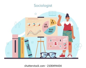 Concepto sociólogo. Estudio científico de la sociedad, patrón de relación social, interacción social y cultura. Análisis de estadísticas y encuestas sociológicas. Ilustración vectorial plana