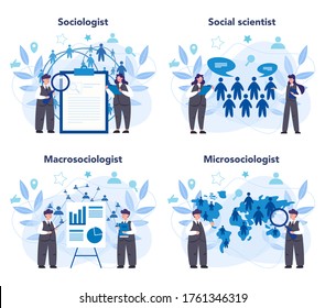 Conjunto de conceptos sociólogos. Estudio científico de la sociedad, patrón de relación social, interacción social y cultura. Estadísticas y gráficos porcentuales. Ilustración vectorial aislada