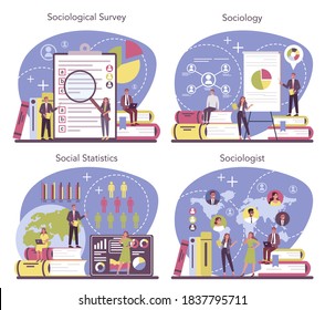 Sociologist concept set. Scientist study of society, pattern of social relationship, social interaction, and culture. Statistics and sociological survey. Isolated vector illustration