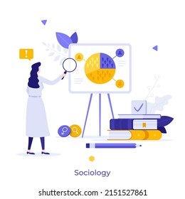 Sociologist looking at whiteboard with diagram through magnifier. Concept of sociology, social science, statistical research of population or society. Modern flat vector illustration for banner.