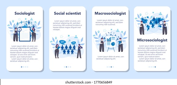 Sociologist mobile application banner set. Scientist study of society, pattern of social relationship, social interaction, and culture. Statistics and percentage graphics. Vector illustration