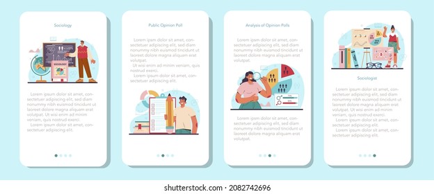 Sociologist mobile application banner set. Scientist study of society, pattern of social relationship and culture. Statistics and sociological poll analysis. Flat vector illustration