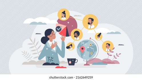 Sociologist occupation and professional community study tiny person concept. Culture analysis and people research with information about behavior, interaction, and organization vector illustration.