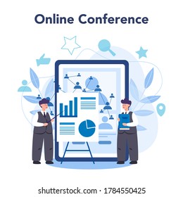 Sociologist online service or platform. Scientist study of society, pattern of social relationship. Online conference. Isolated vector illustration