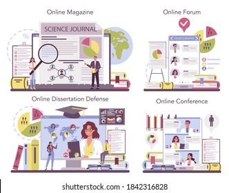 Sociologist online service or platform set. Scientist study of society, pattern of social relationship. Online forum, magazine, conference, dessertation defense. Isolated vector illustration
