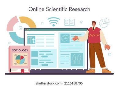 Sociologist online service or platform. Social relationship and culture study. Statistics and sociological poll analysis. Online research. Flat vector illustration