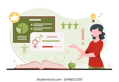 Sociólogo com estatística. A mulher conduz um estudo sociológico. Sociologia e demografia. O demógrafo estuda o gênero e a composição etária da população. Ilustração de vetor plano