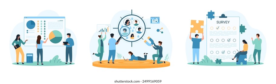 Sociology analysis, customer focus group research set. Tiny people study infographic pie chart of society distribution and consumer behavior in aim, check survey results cartoon vector illustration