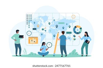 Sociology and demography, population data analysis. Tiny people with pencil research global location of social groups on world map, sociologists analyze statistics charts cartoon vector illustration