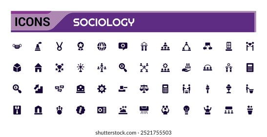 Conjunto de iconos llenos de sociología. Conjunto sólido de iconos vectoriales sociales, relacionados con la sociedad para el diseño de App. Conjunto de iconos rellenos. Icono de glifo sólido para Web y ui. Ilustración vectorial.