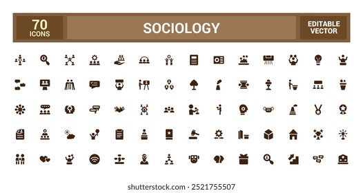 Conjunto de iconos llenos de sociología. Conjunto sólido de iconos vectoriales sociales, relacionados con la sociedad para el diseño de App. Conjunto de iconos rellenos. Icono de glifo sólido para Web y ui. Ilustración vectorial.