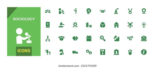 Ícones preenchidos pela sociologia. Conjunto sólido de ícones vetoriais sociais relacionados à sociedade para o design de aplicativos. Conjunto de ícones preenchido. Ícone de glifo sólido para Web e interface do usuário. Ilustração vetorial.