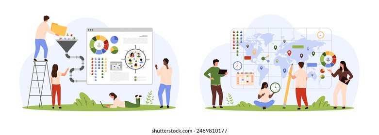 Sociology, global population and interaction analysis set. Tiny people research statistics and society structure with map and funnel, infographic charts of survey results cartoon vector illustration